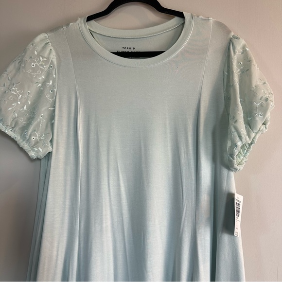 Torrid Super Soft Fit & Flare Dress 1X Pale Blue Embroidered Puff Sleeve NWT.B15 - Picture 4 of 10